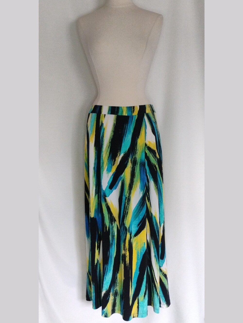 Kasper Size 1X Abstract Tropical Brush Stroke Maxi Skirt Flowy Yellow Blue Print